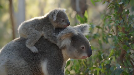 Obraz premium Adorable koala mother carrying baby joey on back in natural eucalyptus forest habitat. Australian marsupial wildlife parenting bond in wilderness setting.