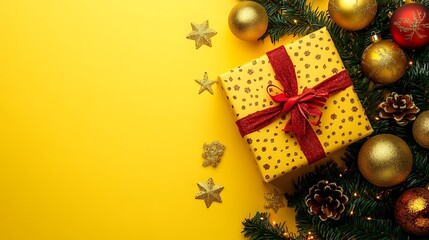 Yellow Christmas background with festive gift box and holiday ornaments