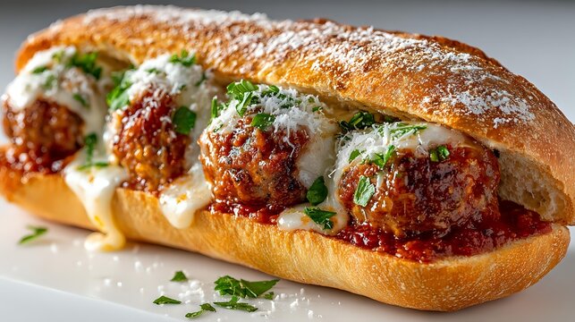 Homemade meatball submarine sandwich with melted cheese, marinara sauce and fresh herbs on crusty bread, served as comfort food.