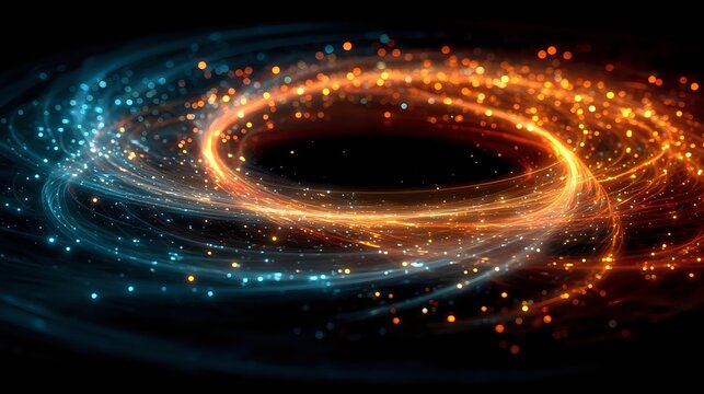 Abstract energy ring with glowing particles and light trails in blue and orange colors on black background for digital art and futuristic designs.