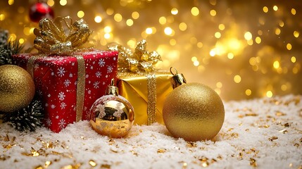 Christmas scene on yellow backdrop with decorative gift and baubles