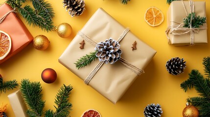 Yellow background with wrapped gift and seasonal decorations