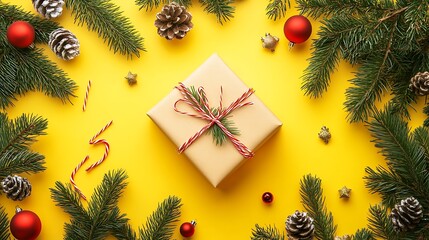 Holiday decorations with present box on vibrant yellow background