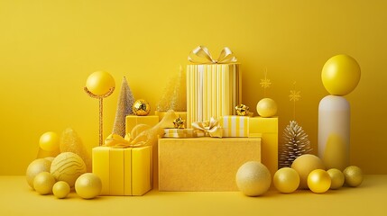 Yellow Christmas layout with gift package and festive decor