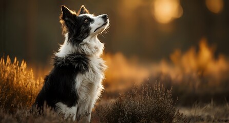 Border collie dog sitting in golden autumn field at sunset, looking up attentively with alert expression against warm bokeh background.