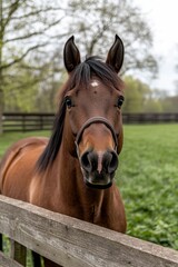 Obraz premium A Majestic Quarter Horse Curiously Gazes Over a Rustic Farm Fence Amidst Serene Countryside Beauty