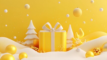 Yellow Christmas layout with gift package and festive decor