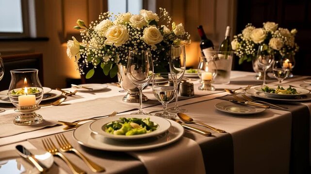 Elegant formal dinner table setting with white roses centerpiece, candlelight, wine glasses, and gold cutlery, 4k video