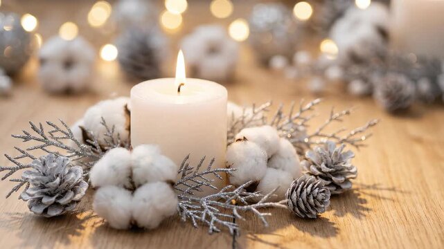 Cozy winter composition with a burning candle natural cotton decor and sparkling silver accents on wooden background