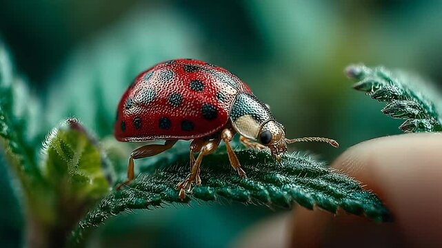 Close-up of a ladybug on a green leaf