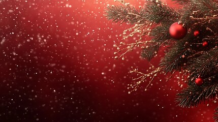 Christmas tree with red baubles pine branches golden bokeh lights on red background falling snow
