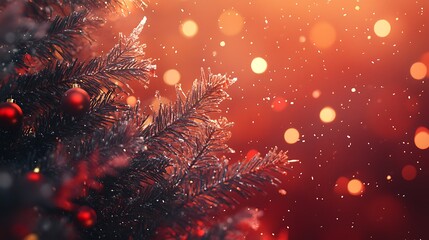 Christmas tree with red baubles pine branches golden bokeh lights on red background falling snow