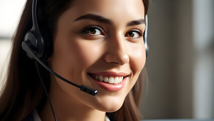 Close-up of a young woman wearing a headset and smiling confidently while providing customer support or engaging in a professional call in a modern office setting