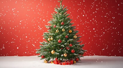 Christmas tree with red baubles pine branches golden bokeh lights on red background falling snow
