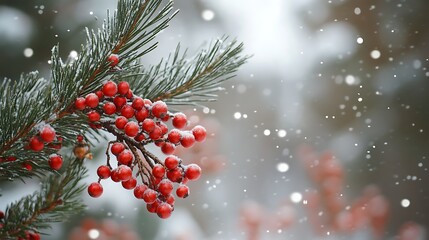 Pine tree decorated with red ornaments soft bokeh lights red snowy background