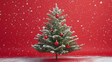 Christmas tree with red baubles pine branches golden bokeh lights on red background falling snow