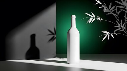 Minimalist white wine bottle mockup with dramatic shadow and bamboo silhouette on dark green background