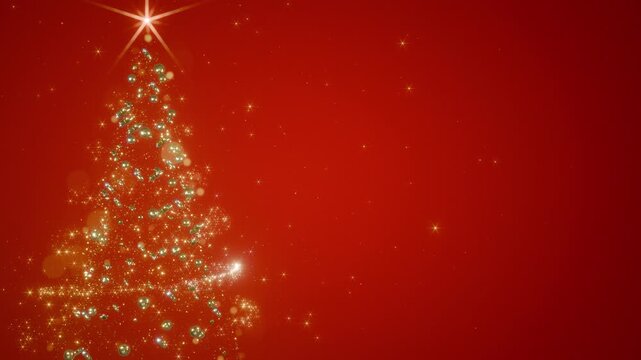 Merry Christmas or New Year video greeting card. Christmas tree on a red background with golden sparkling sequins and Christmas balls. Loop video in 4K format