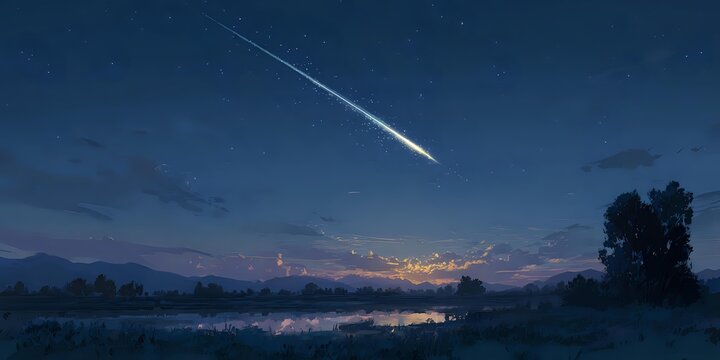 Bright meteor streaking across dark blue night sky over distant city lights reflecting in calm water, creating atmospheric twilight landscape.