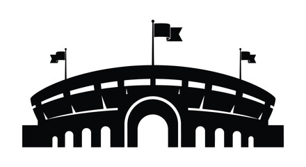 A striking black silhouette of a grand stadium with waving flags gracefully displayed silhouette