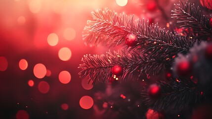 Snowy red background with pine tree red decorations glowing bokeh lights