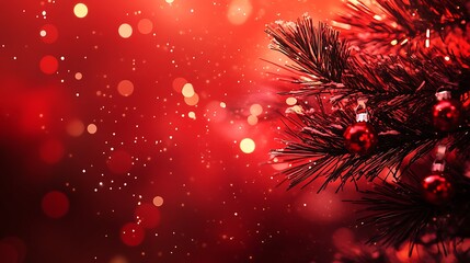 Snowy red background with pine tree red decorations glowing bokeh lights