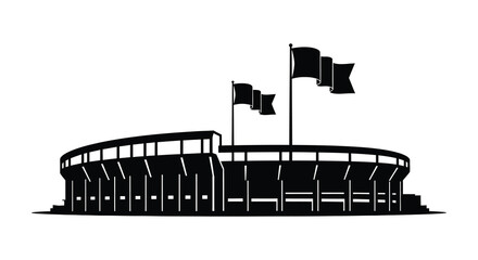 An imposing stadium design with waving flags presented as a striking black silhouette