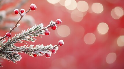Golden light bokeh on pine branches with red baubles snowy red backdrop