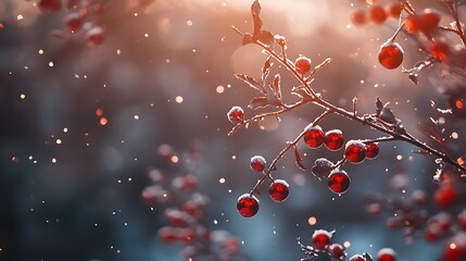 Pine tree decorated with red ornaments soft bokeh lights red snowy background