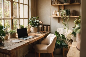 Cozy home office setup with laptop and wireless keyboard on a loft wooden table among green houseplants
