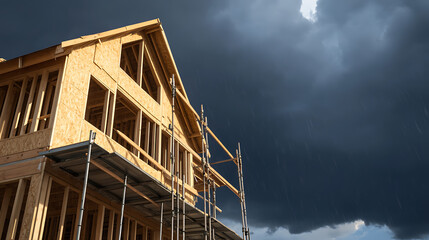 A house under construction stands against a backdrop of a dark and stormy sky.  Rain falls as the wooden frame awaits completion, creating a striking contrast with the weather.
