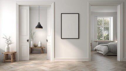 Minimalist home interior blank frame, open doors, bedroom