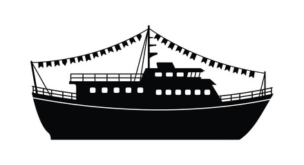A striking black silhouette of a decorated passenger ship with festive bunting above it silhouette