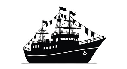 Detailed depiction of a vintage pirate ship with fluttering flags a striking silhouette