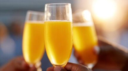 Three elegant champagne flutes filled with sparkling golden beverage. A delightful celebration moment captured in soft focus. Perfect for party invitations or festive promotions. AI