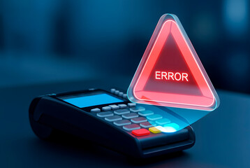 POS terminal with a red glowing error message on screen. Payment transaction failure concept for financial disruption and technical issues.