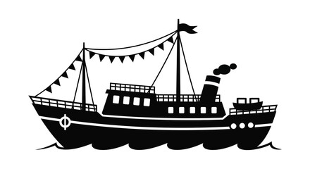 A vintage steam boat with festive bunting and a smokestack depicted as a silhouette