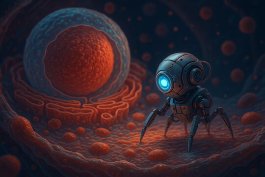 Nanobot exploring a human cell in microscopic environment