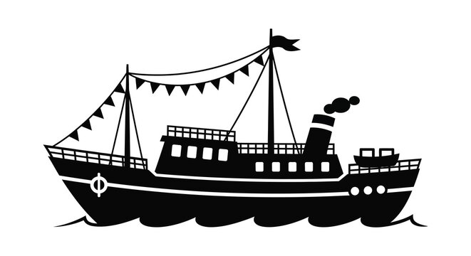 A vintage steam boat with festive bunting and a smokestack depicted as a silhouette