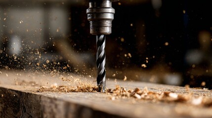 Macro photo of a drill bit carving into timber, wood chips flying outward, showcasing craftsmanship in a moody wood workshop environment