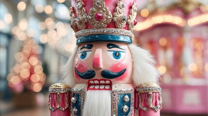 A detailed portrait of a hand-painted nutcracker with a shimmering crown and soft holiday lights creating a cozy atmosphere