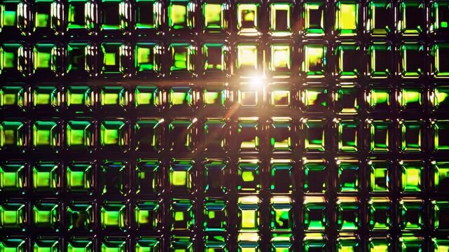 A mosaic of gleaming glass tiles reveals a vibrant array of green hues, with light dancing across the surface. Each tile reflects a unique pattern, creating an enchanting visual fe