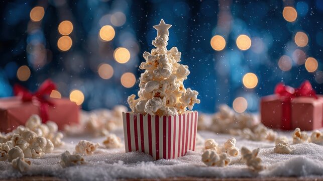 Creative Christmas tree made of popcorn in a striped box with red gifts on snowy blue background - Powered by Adobe