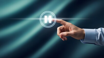 Businessman hand touching glowing pause button icon on dark blue abstract background