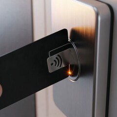 Hands inserting keycard into hotel door lock for access  