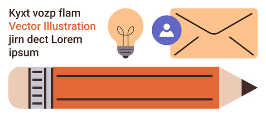 Creativity, communication, education, digital messaging, innovation, teamwork. Features a pencil, light bulb envelope with profile icon and placeholder text. Creativity and communication theme