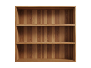 Empty wooden bookshelf with three shelves and natural grain isolated