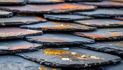 Close-up view of weathered, dark slate roof tiles with orange and white lichen
