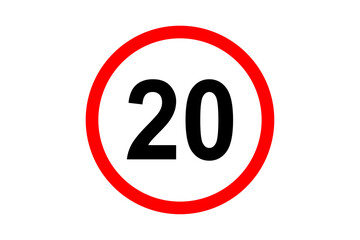 Road and street sign maximum speed 20 on red bordered white circle. Vehicles or traffic speed limit highway, expressway notice symbol 20 km per hour. Vector illustration.