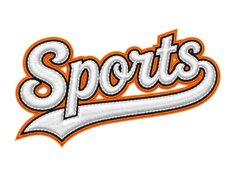 Scripted sports word stitched in orange and white thread isolated.